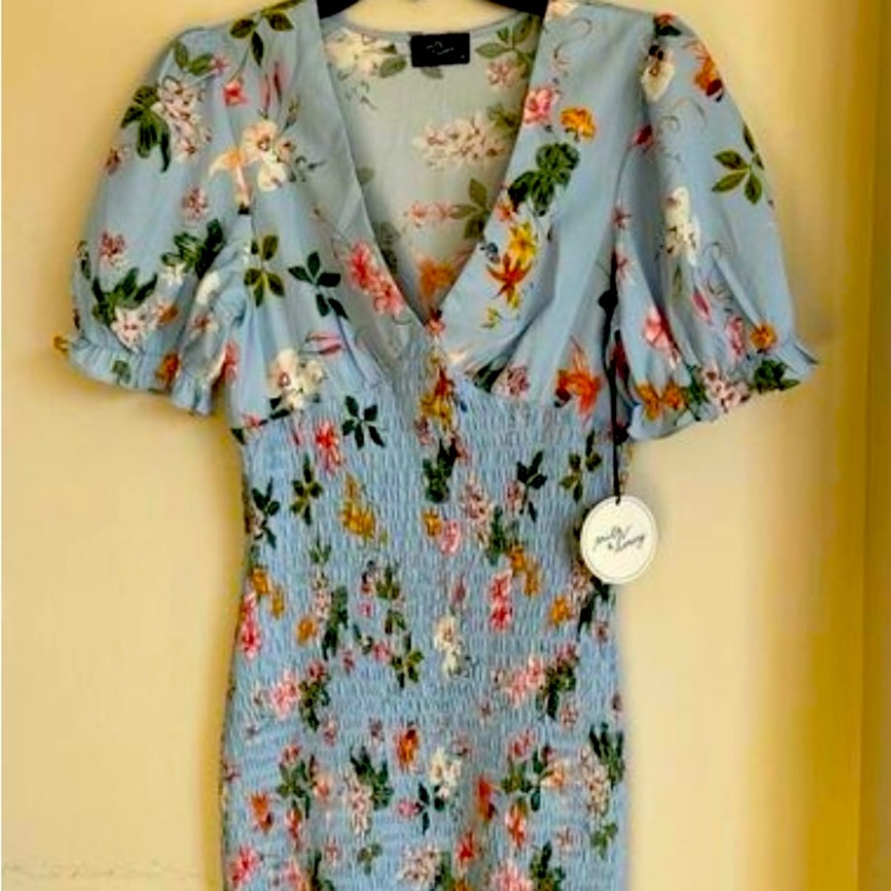 Milk & Honey Blue Floral bodycon and ruffled mini dress. Medium. NEW